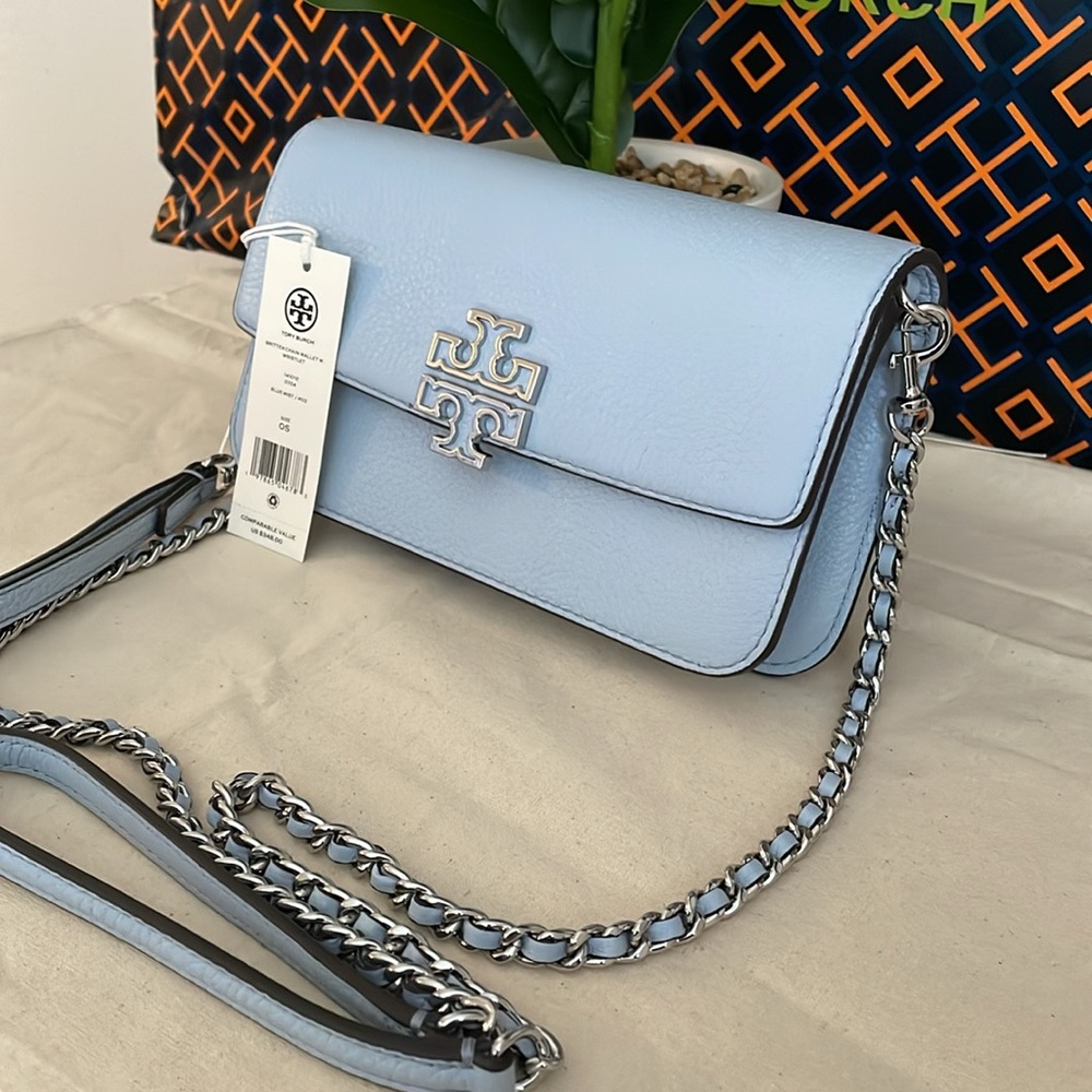 New, tory burch britten chain crossbody wallet w. Wristlet 141012 blue .. - Picture 1 of 17